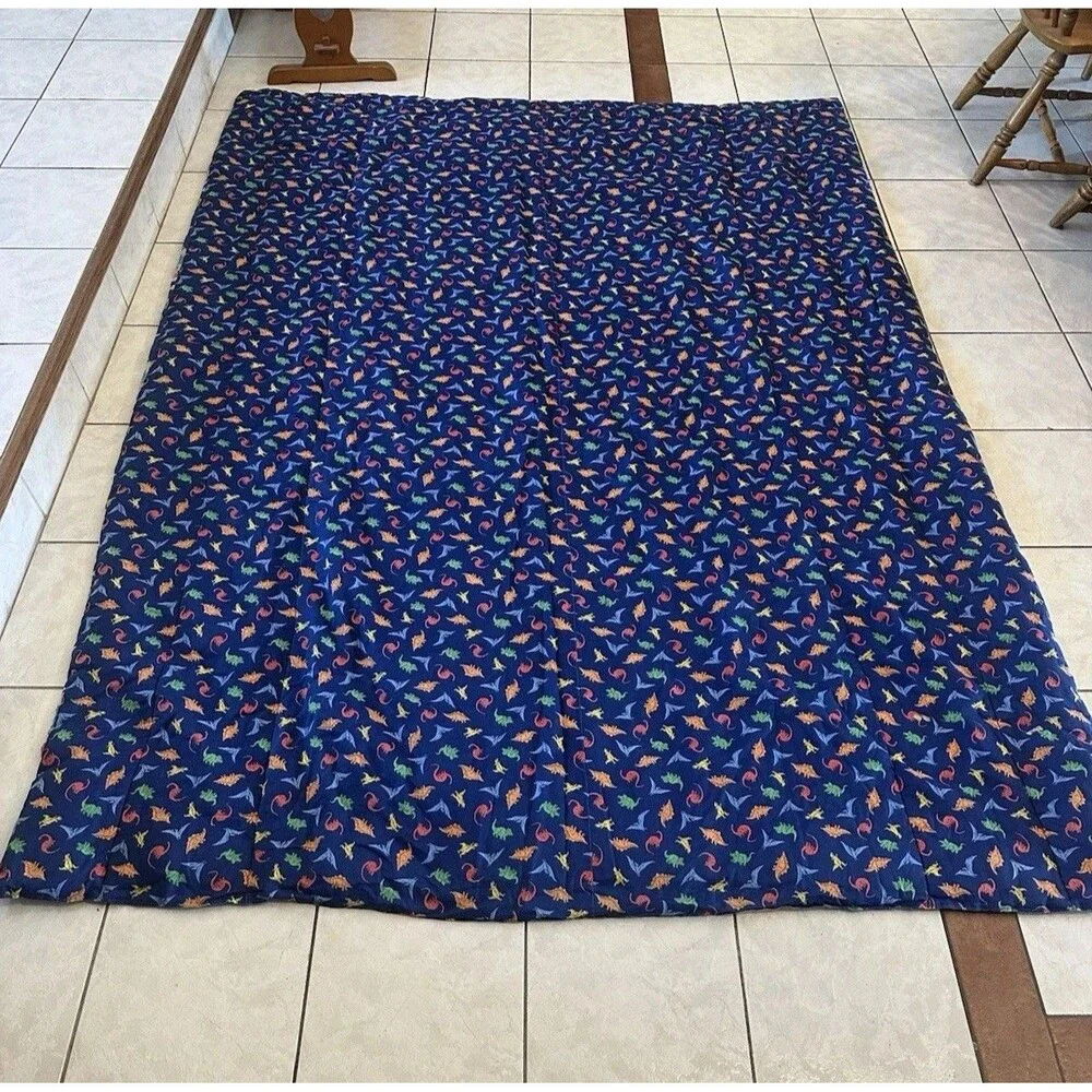 VTG 80s 90s Dinosaur T Rex Blanket Quilted Comforter 100x75” Heavyweight XL Blue